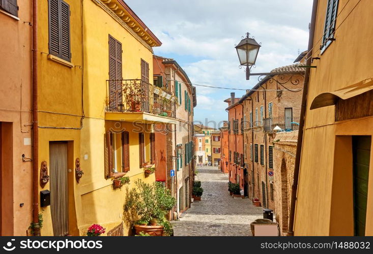 Picturesque old street in Santarcangelo di Romagna town on sunny day, Rinini Province, Emilia-Romagna, Italy - Italian cityscape