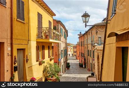 Picturesque old street in Santarcangelo di Romagna town on sunny day, Rinini Province, Emilia-Romagna, Italy - Italian cityscape