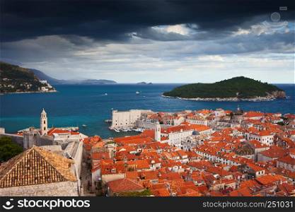 Picturesque Old Town of Dubrovnik and Lokrum Island on the Adriatic Sea in Croatia, Dalmatia region.