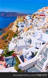 Picturesque panoramic vew of Oia town in Santorini island in Greece - Greek landscape