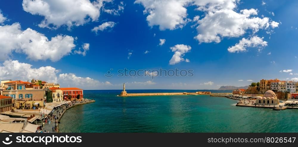 Picturesque panoramic view of old harbour of Chania with Lighthouse and Kucuk Hasan Pasha Mosque in the sunny day, Crete, Greece