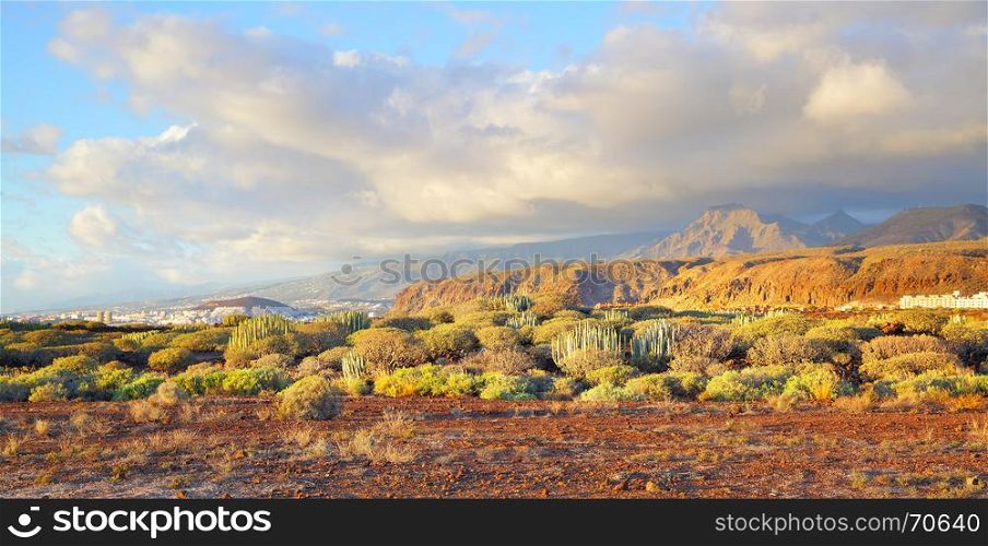 Picturesque panoramic view of Tenerife at sundown with Las Americas town in the background, Canary Islands