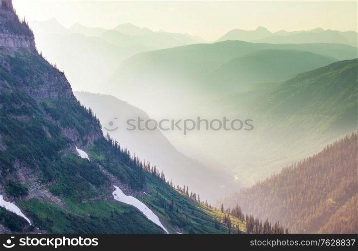 Picturesque rocky peaks of the Glacier National Park, Montana, USA. Beautiful natural landscapes.