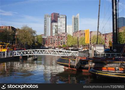 Picturesque Rotterdam cityscape in Netherlands, view from the city centre harbour.