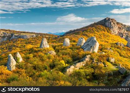 Picturesque scenery Temple of the Sun - rocks surrounded by forest in the mountains of Crimea, Russia