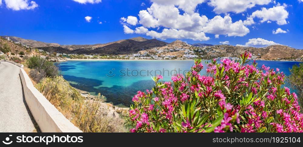 Picturesque scenic road of Ios island, Cyclades, Greece travel and summer holidays, popular tourist destination