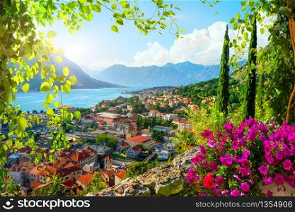 Picturesque sea view of Boka Kotor bay, Montenegro, Kotor old town. Picturesque view of Kotor