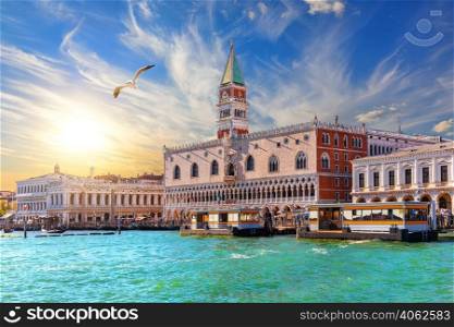 Picturesque shore of Venice, bright sky and a seagull, Italy.. Picturesque shore of Venice, bright sky and a seagull, Italy
