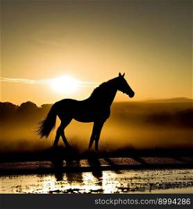 Picturesque silhouette of a stallion against the setting sun, created with Generative AI technology