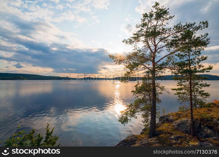 Picturesque stone shore of the island on the lake . Ladoga Skerries, Karelia.. Pine trees on the edge of the shore of the island on lake Ladoga .