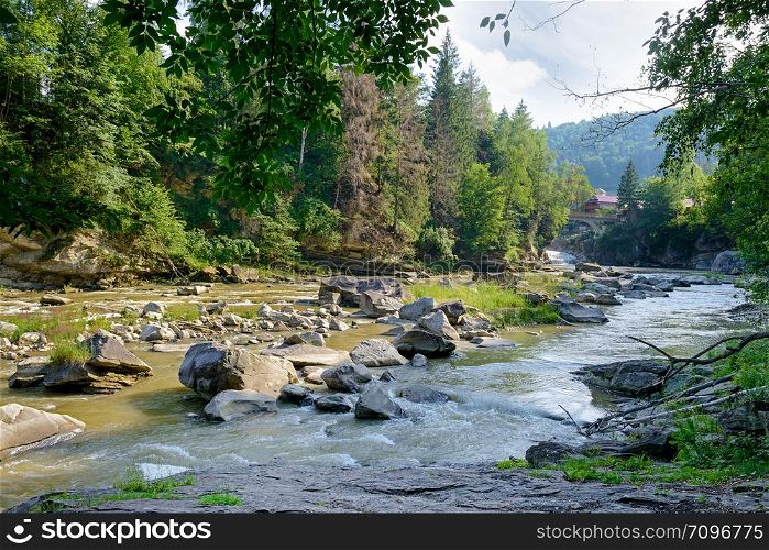 Picturesque stony riverbed. Mountains of Carpathians.