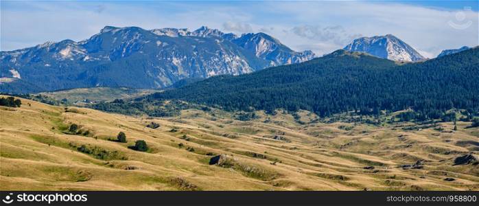 Picturesque summer mountain landscape of Durmitor National Park, Montenegro, Europe, Balkans Dinaric Alps, UNESCO World Heritage. Durmitor panoramic road.