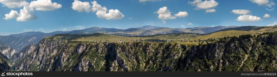 Picturesque summer mountain landscape of Tara Canyon in mountain Durmitor National Park, Montenegro, Europe, Balkans Dinaric Alps, UNESCO World Heritage.