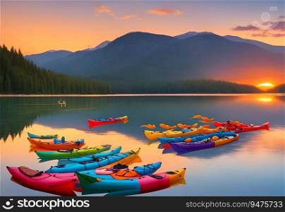 Picturesque sunset over a serene lake, with colorful kayaks scattered along the shore