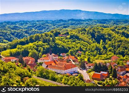 Picturesque town of Klanjec aerial view and Medvednica mountain horizon, Zagorje region of Croatia