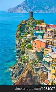 Picturesque Vernazza small town on the rock by the sea in Cinque Terre National Park, Liguria, Italy