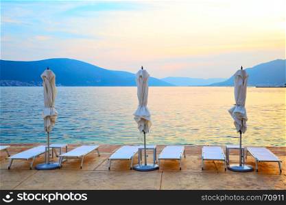 Picturesque view of beach in Bay of Kotor at sundown, Montenegro