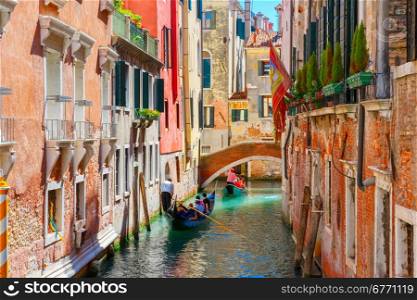 Picturesque view of Gondolas on lateral narrow Canal, Venice, Italy.