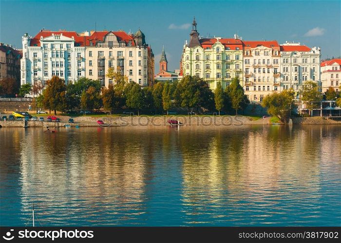 Picturesque view of the Vltava River and Old Town in Prague, Czech Republic
