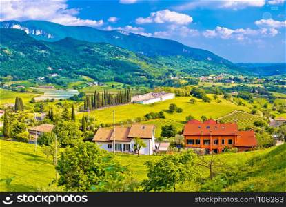 Picturesque village of Pazzon valley and mountains view, Veneto region of Italy