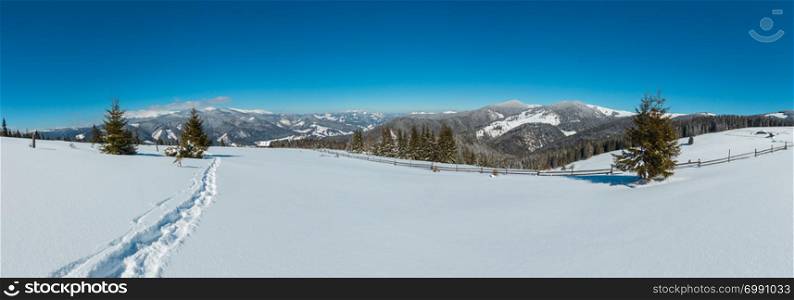 Picturesque winter morning mountain panorama view from alpine path with footprint. Skupova mountain slope, Ukraine, view to Chornohora ridge and Pip Ivan mountain top, Carpathian.