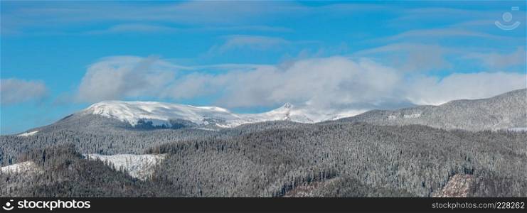 Picturesque winter morning mountains panorama view from Skupova mountain alpine slope. Verkhovyna district, Ukraine, view to Chornohora ridge and Pip Ivan mountain top, Carpathian.