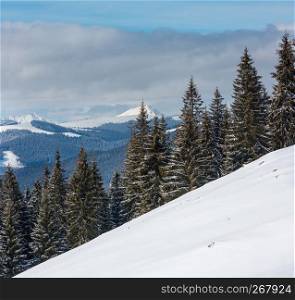 Picturesque winter mountain view from Skupova mountain slope, Carpathian, Ukraine. View to Maramures County ridge tops.