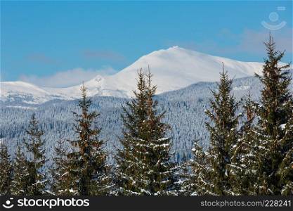 Picturesque winter mountain view from Skupova mountain slope, Ukraine, view to Chornohora ridge and Pip Ivan mountain top with observatory building, Carpathian.