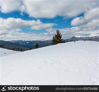 Picturesque winter mountain view from snowdrift Skupova mountain slope, Ukraine, view to Chornohora snow covered ridge and Pip Ivan mountain top, Carpathian.