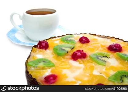 Pie fruit with cottage cheese and cup with saucer on white background