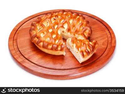 pie with curds on wooden tray, isolated on white