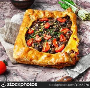 piece meat pie. pie with meat and mushrooms on cutting board