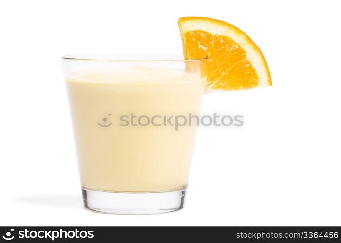 piece of a orange on a milkshake. piece of a orange on a milkshake on white background