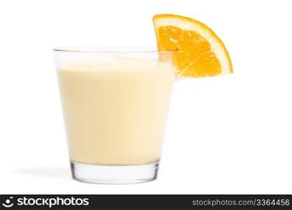 piece of a orange on a milkshake. piece of a orange on a milkshake on white background