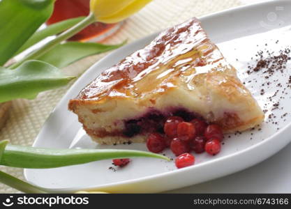 piece of an apple pie with red berries on a white plate