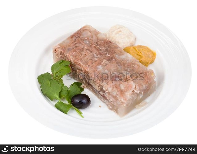 piece of beef jelly with seasonings on white plate isolated on white background