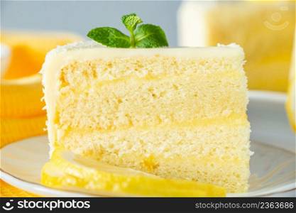 Piece of biscuit dessert  with lemon and coconut flakes. Layered vanilla cake on a white plate.. Piece of biscuit dessert  with lemon and coconut flakes. Layered vanilla cake on white plate.