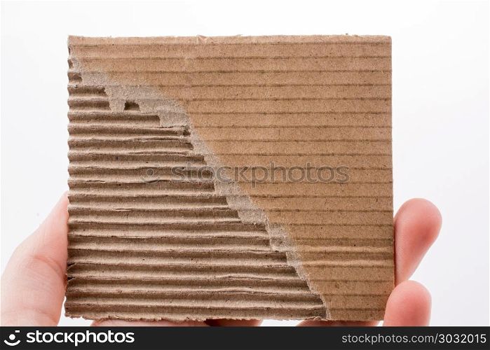 Piece of brown color cardboard in hand. Child holding a piece of brown color cardboard