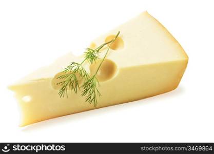 piece of cheese with a sprig of dill isolated on a white background