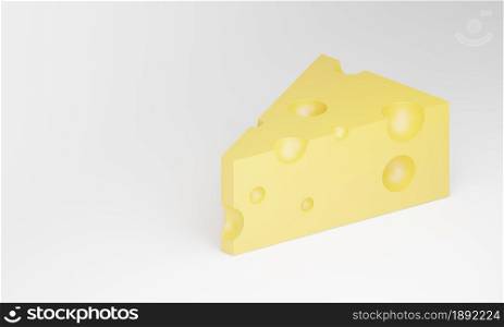 Piece of cheese with holes isolated on a white background. Located on the right side. 3D render. There is room for text. Copy space. Rendering.