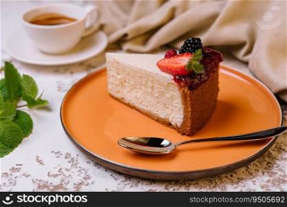 Piece of cheesecake and coffee cup