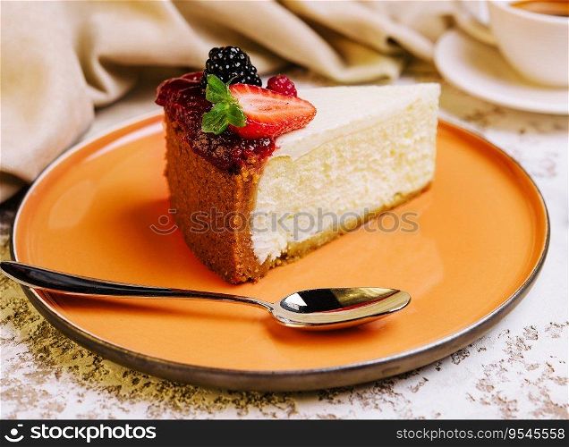 Piece of cheesecake and coffee cup