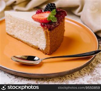 Piece of cheesecake on plate closeup