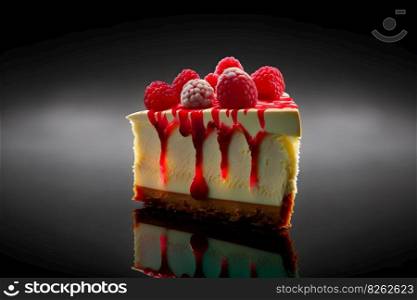 Piece of cheesecake with fresh raspberries and mint. Neural network AI generated art. Piece of cheesecake with fresh raspberries and mint. Neural network generated art