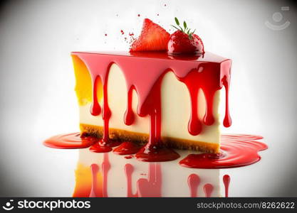 Piece of cheesecake with fresh strawberries and mint. Neural network AI generated art. Piece of cheesecake with fresh strawberries and mint. Neural network generated art