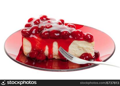Piece of cherry cheese cake isolated on white background