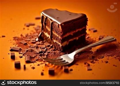 Piece of chocolate cake on orange background.