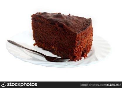 Piece of chocolate cake on plate white background