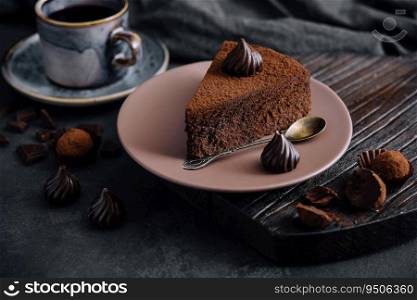 Piece of chocolate cake Truffle and tea cup
