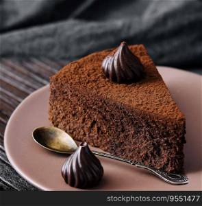 Piece of chocolate cake Truffle close up